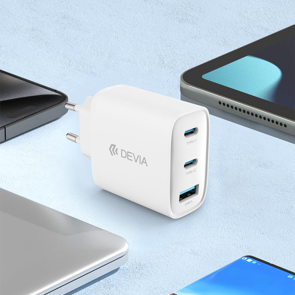65w devia (3) Kit Cargador Devia 65W GaN Carga Rápida 3 Puertos mas Cable C a C