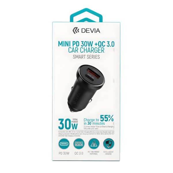 Cargador Auto DEVIA Cargador de Auto Devia Mini Smart Series PD 30W USB-C y USB QC 3.0 Negro