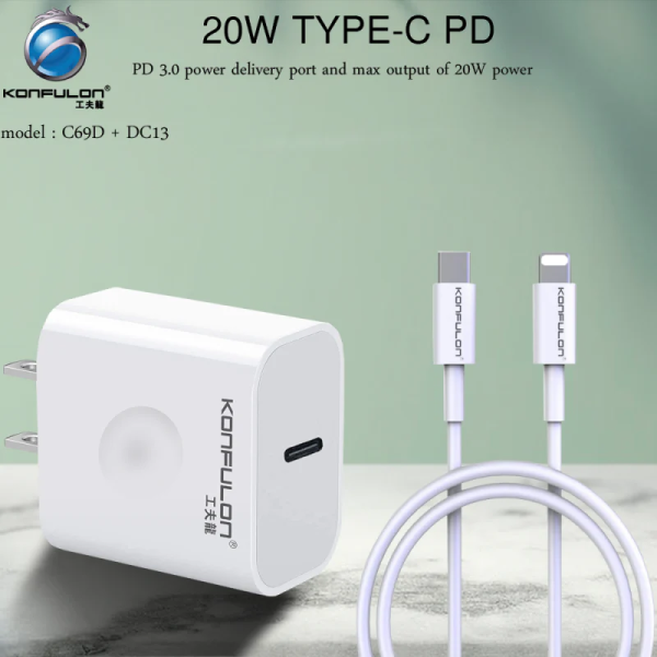 Kit Cargador KONFULON C69D USB-C a Lightning Carga Rápida iPhone