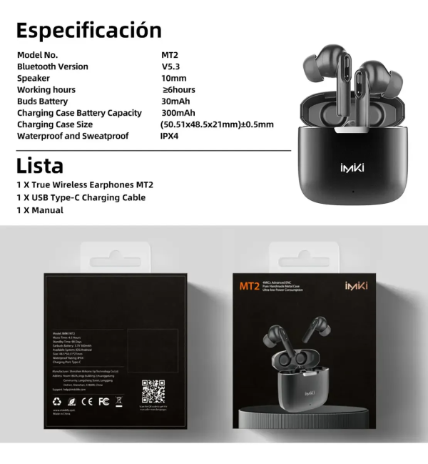 Audífonos Bluetooth Imiki MT2 Caja Metálica Dual Mic ENC Negro